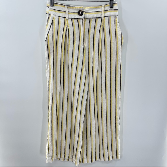 MISS SELFRIDGE Yellow Striped Crop Wide Leg Linen Style Trousers Size 4 - Picture 2 of 14